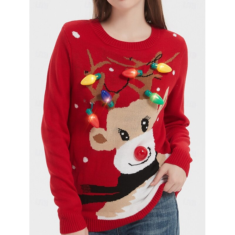 Womens LED Light Up Reindeer Ugly Christmas Sweater