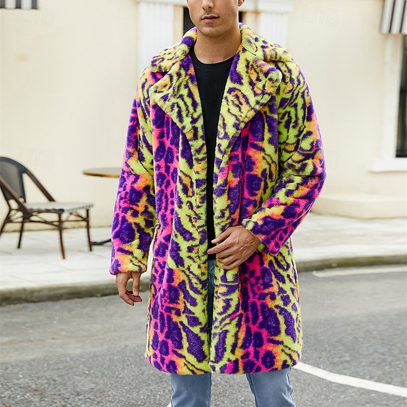 Men's Winter Jacket Fleece Jacket Faux Fur Coat Daily Vacation Thermal Warm Pocket Fleece Fall & Winter Leopard Print Fashion Streetwear Lapel Long Green Jacket