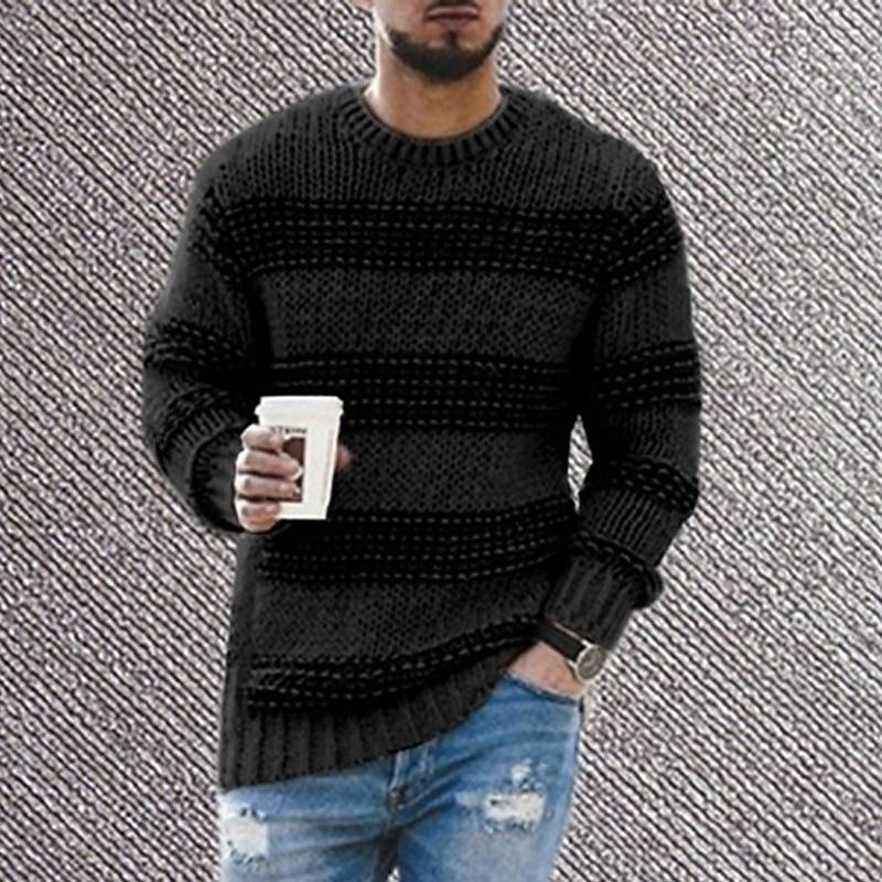 Men's Pullover Sweater Jumper Knit Sweater Ribbed Crochet Knit Regular Knitted Stripes Crew Neck Fashion Basic Daily Wear Date Clothing Apparel Fall & Winter Black Blue S M L4