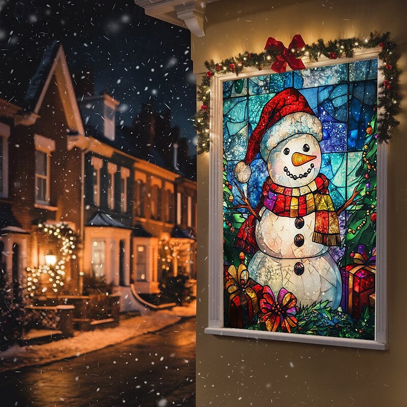 Christmas Window Cover Decorations, Fabric Stained Glass Snowman Curtain Movie Poster Window Door Covering Decor for Christmas House, Window Clings Decals Indoor Outdoor2