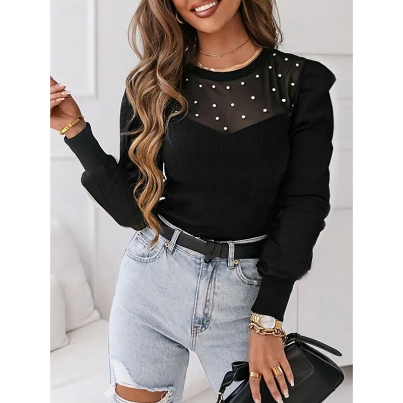 Women's Shirt Blouse Solid Color Basic Casual Long Sleeve Crew Neck Regular Tops Daily Mesh Patchwork Beaded Black Fall Winter4