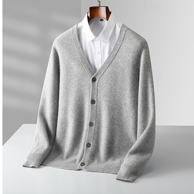 Men's 100% Wool Cardigan Sweater Knit Button Up Solid Color V Neck Knitwear Elegant School Training Clothing Apparel Bishop Sleeve Fall Winter Black khaki S M L XL4