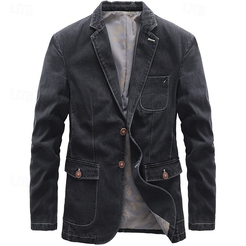Men's Blazer Denim Jacket Vacation Casual Daily Wear Fashion Casual Spring &  Fall Polyester Denim Pocket Buttons Comfortable Single Breasted Blazer Black Grey2
