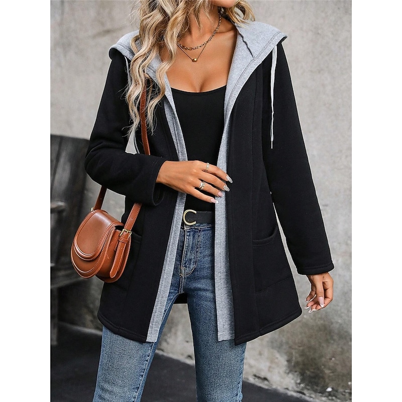 Women's Casual Jacket Hoodie Jacket Outdoor Street Daily Wear Fall Winter Regular Coat Regular Fit Thermal Warm Breathable Stylish Casual Jacket Long Sleeve Plain with Pockets Black