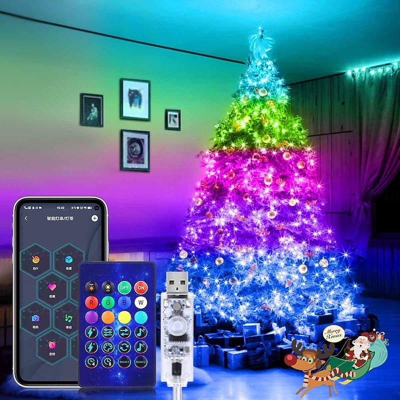 20M 200 LEDs USB Bluetooth RGB  String Lights with Point Control Color-Changing String Christmas Window Decoration for DIY Scene Christmas & Holiday Light