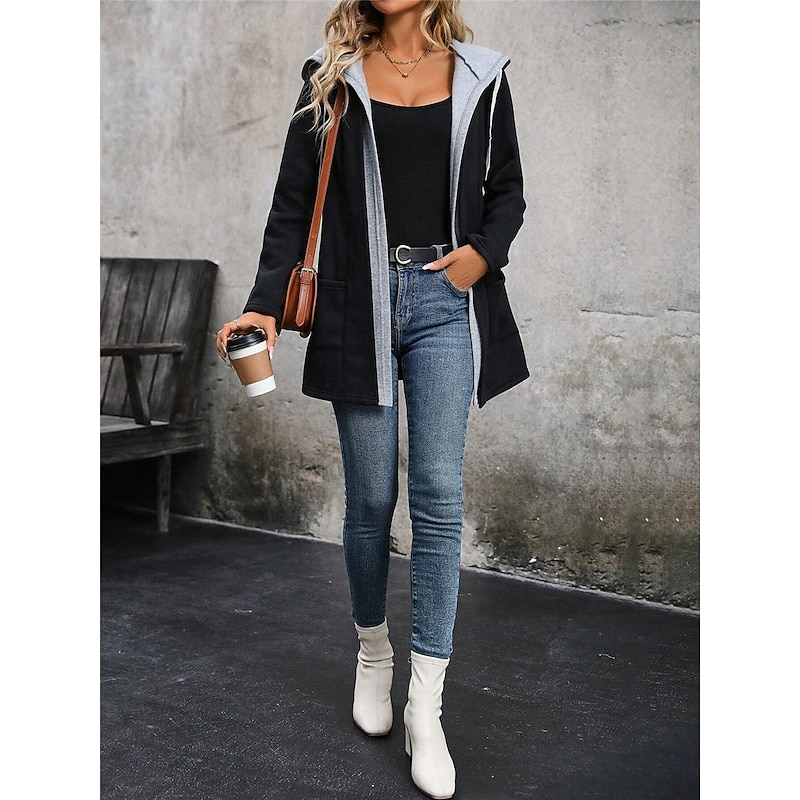 Women's Casual Jacket Hoodie Jacket Outdoor Street Daily Wear Fall Winter Regular Coat Regular Fit Thermal Warm Breathable Stylish Casual Jacket Long Sleeve Plain with Pockets Black3