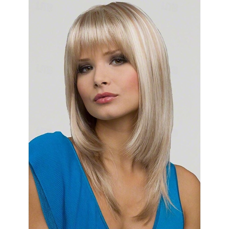 Synthetic Wig Straight Asymmetrical Wig Medium Length Blonde Synthetic Hair Women's Fashionable Design Soft Natural Blonde2