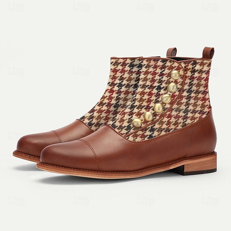Men's Vintage Houndstooth Ankle Boots with Faux Leather Accents and Decorative Buttons – Stylish Formal Boots for Fall and Winter2