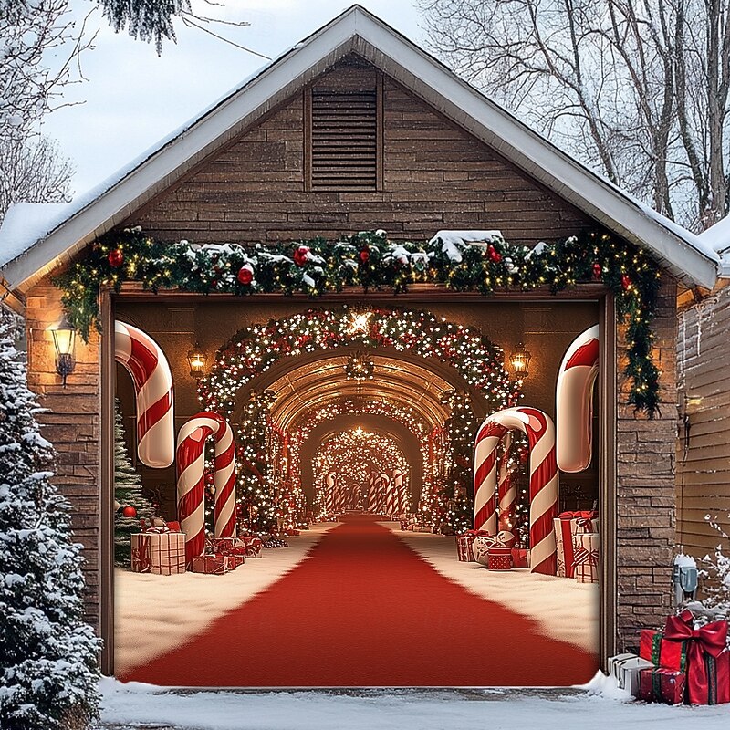 Christmas Door Decorations Garage Door Cover Xmas Candy Canes Gifts Gingerbread Outdoor Banner Large Christmas Backdrop for Holiday Outdoor Garage Door Home Wall Decorations 13