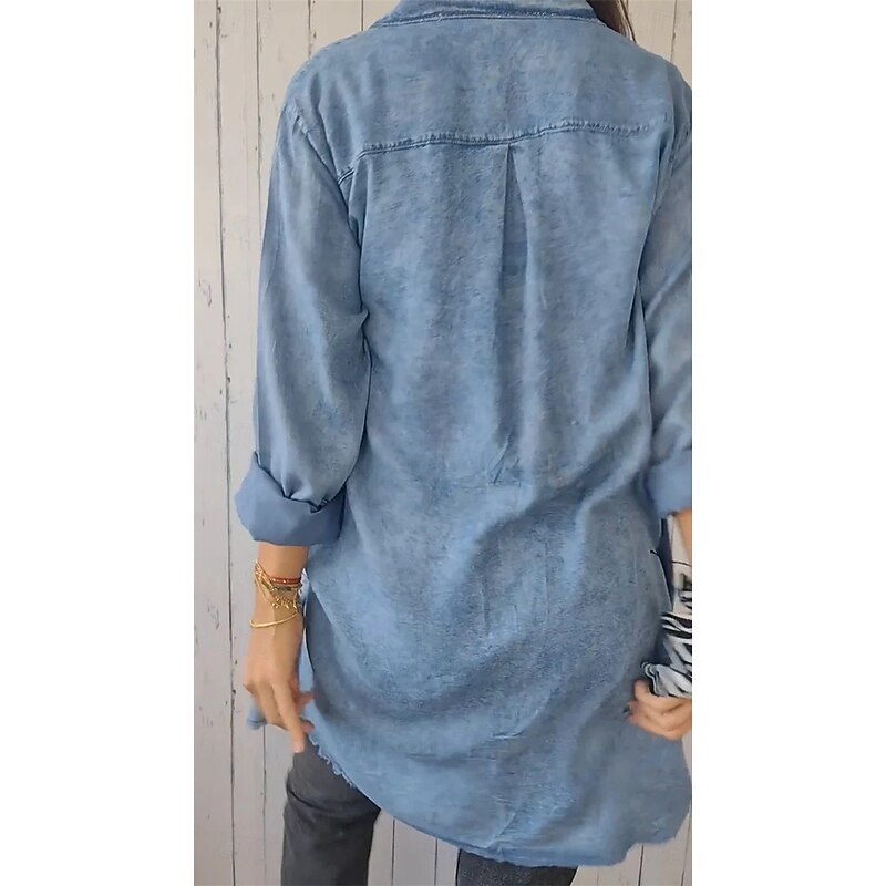 Women's Denim Jacket Outdoor Street Daily Wear Fall Winter Long Coat Regular Fit Thermal Warm Breathable Stylish Casual Jacket Long Sleeve Solid Color with Pockets Light Blue Navy Blue Dark Gray2