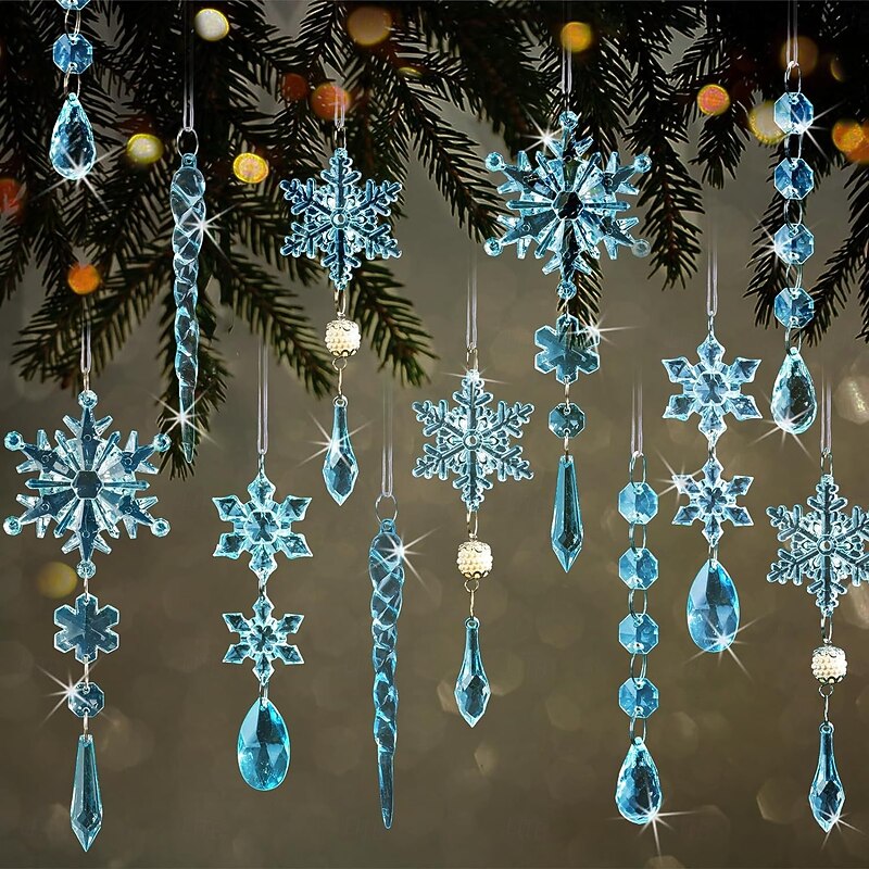 18pcs Christmas Ornaments Set Light Blue Acrylic Snowflake and Icicle Ornaments, Christmas Tree Hanging Decorations, Festive Hanging Pendants for Xmas Holiday Decor3