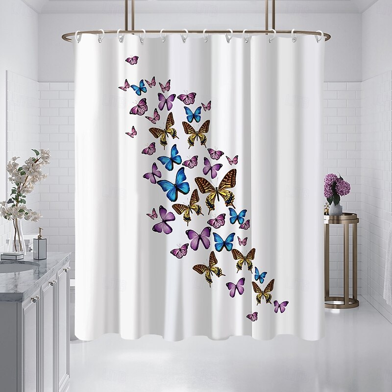 Shower Curtain with Hooks 180cm*180cm(70"*70") Polyester Washable Waterproof Pattern Bathroom Bathtub Decor Vintage Butterfly2