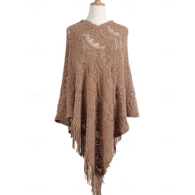 Women's Shrug Casual Soft Pure Color Crochet V Neck Hollow Out Tassel Knitted Long Sleeve Regular Tops Knit Outdoor Daily Weekend White Khaki Fall Winter