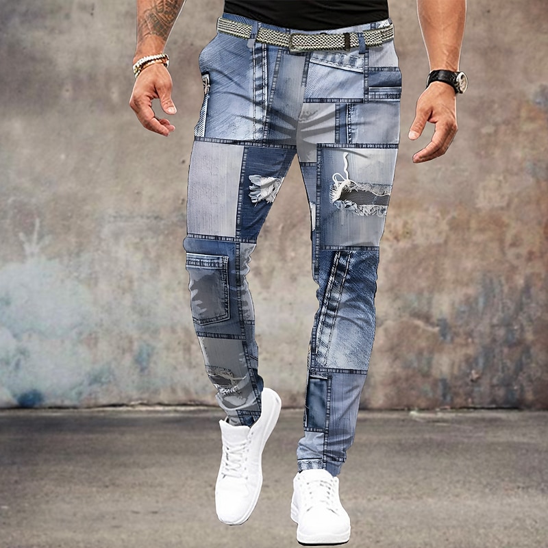 Men's Color Block Patchwork Jeans Dress Pants Mid Waist Business Casual Formal Outdoor Dailywear Zipper Pocket Summer Spring Fall 3D Print Blue