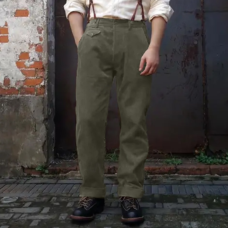 Men's Dress Pants Corduroy Pants Pocket Buttons Plain Comfort Work Vintage Lake blue Army Green Micro-elastic3