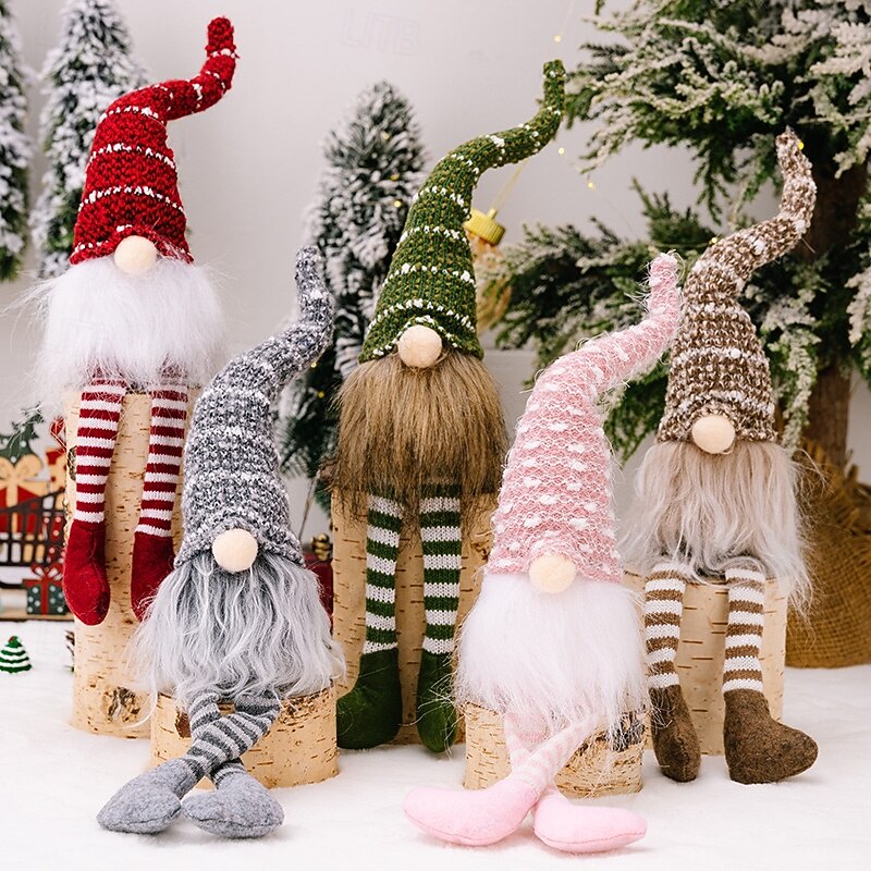 Christmas Gnome Figurine Decoration, Striped Knitted Hat Rudolph Hanging Legs Plush, Faceless Doll Gnome Ornament for Holiday Home Decor