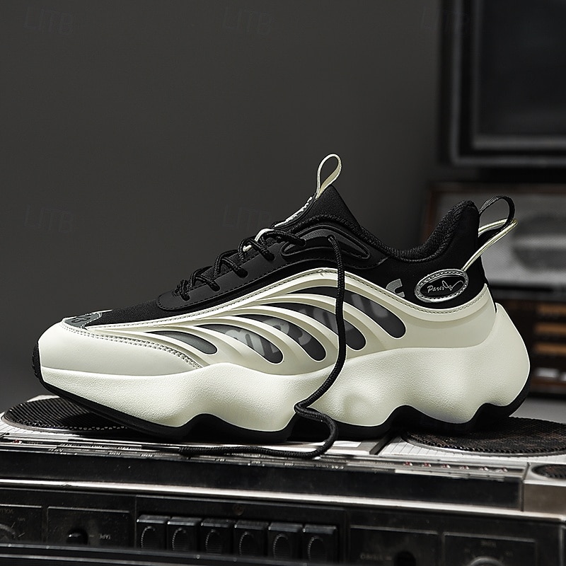 Men's Futuristic Black & White Chunky Sole Sneakers - Lightweight Breathable Athletic Shoes for Casual Wear or Running3
