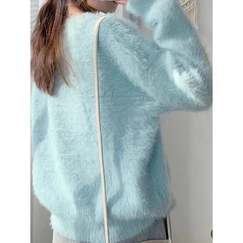 Women's Sweater Pullover Sweater Fuzzy Jumper V Neck Ribbed Knit Knitted Fall Winter Outdoor Daily Weekend Casual Soft Long Sleeve Pure Color Yellow Blue2