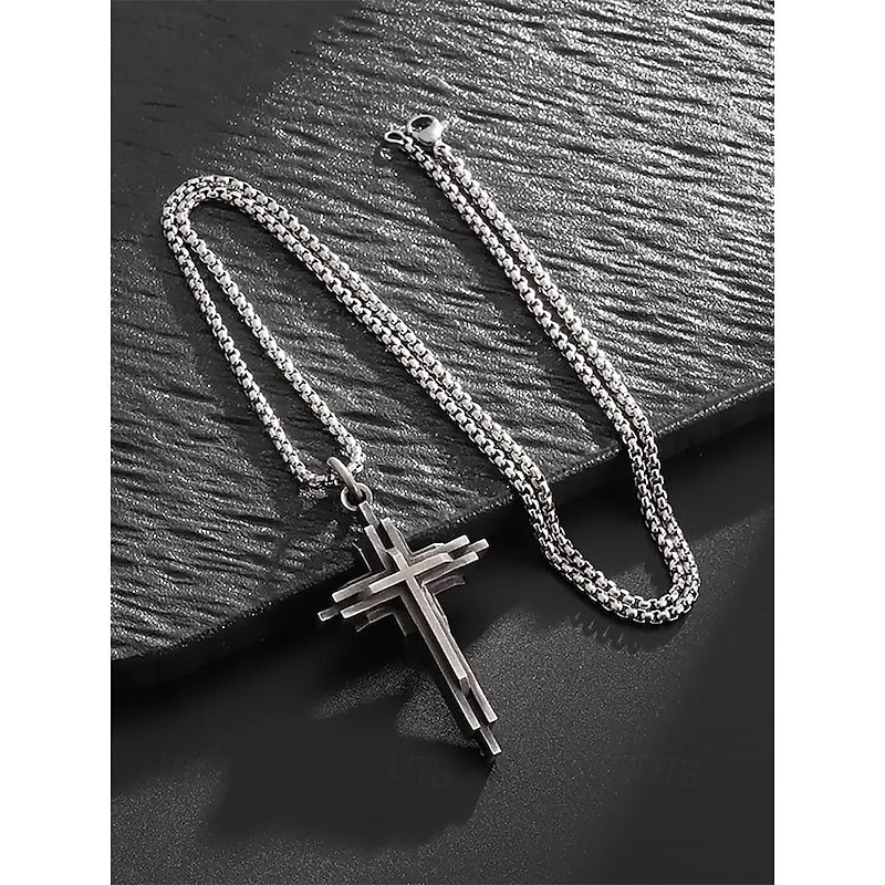 Men's Stainless Steel Layered Cross Pendant Necklace - Gothic Style Religious Jewelry for Casual and Formal Wear3