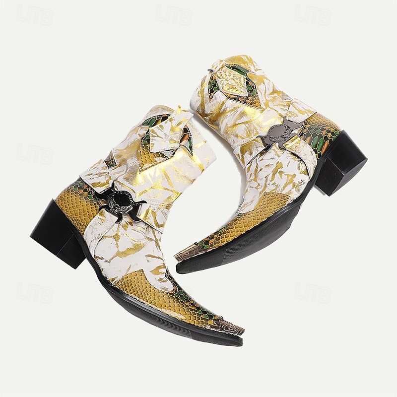 Men's Gold Snakeskin Leather Motorcycle Boots – Western Style Pointed Toe Ankle Boots with Buckle Straps and Bold Metallic Accents 5