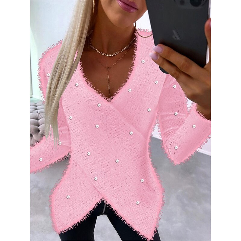 Women's Blouse Pullover Fuzzy Pink Edge Asymmetrical Long Sleeve V-Neck Basic Casual Chic Autumn Winter