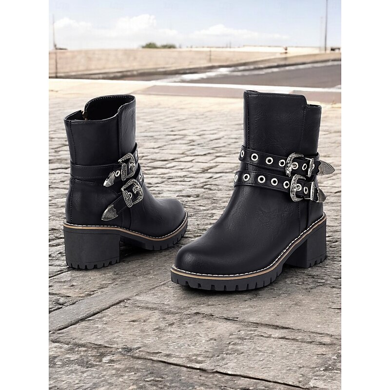 Women's Blue Ankle Boots with Double Buckle Straps and Chunky Heel – Western-Inspired Design with Metal Stud Accents for Casual and Rugged Looks4