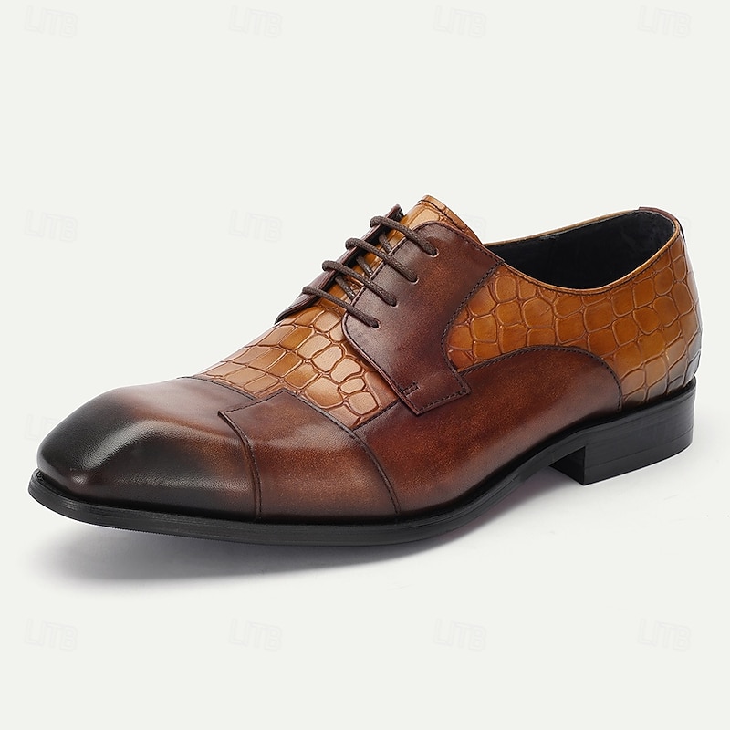 Men's Leather Dress Shoes with Embossed Crocodile Pattern – Premium Cowhide Lace-Up Oxfords3