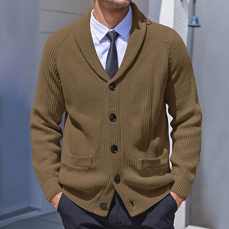Men's Cardigan Sweater Knit Sweater Ribbed Knit Regular Button Up Side Pockets Solid Color Lapel Fashion Classic Daily Wear Date Clothing Apparel Fall & Winter Black Brown M L XL3