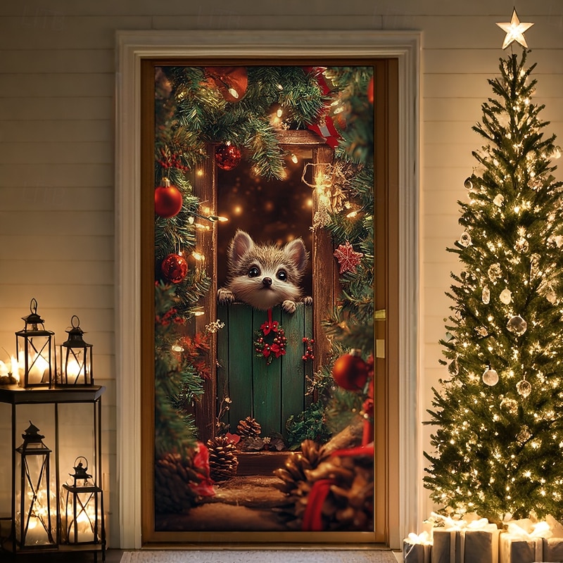 Christmas Door Decorations Door Covers Xmas Animal Door Tapestry Door Curtain Decoration Backdrop Indoor/Outdoor Door Banner for Front Door Farmhouse