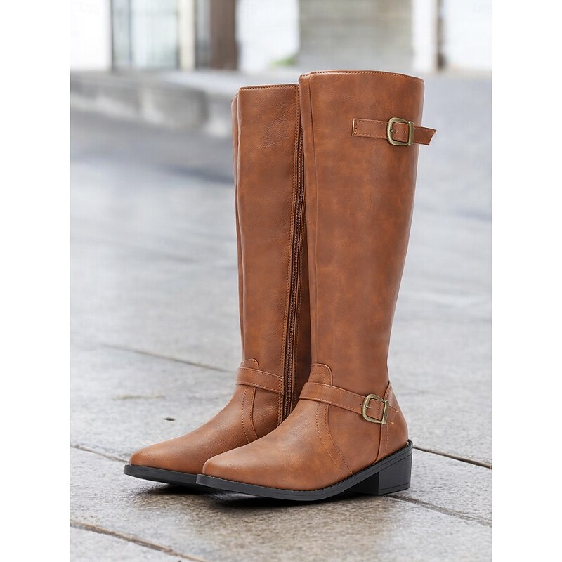 Women's Classic Brown Knee-High Riding Boots with Buckle Straps – Faux Leather Equestrian Style for Casual and Outdoor Wear4