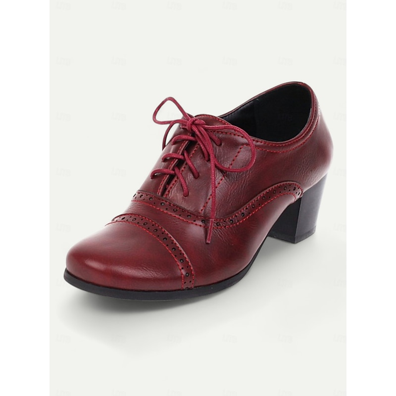 Women's Brown Oxford Shoes with Lace-Up & Brogue Detailing - Classic Mid-Heel for Professional & Vintage Casual Wear2