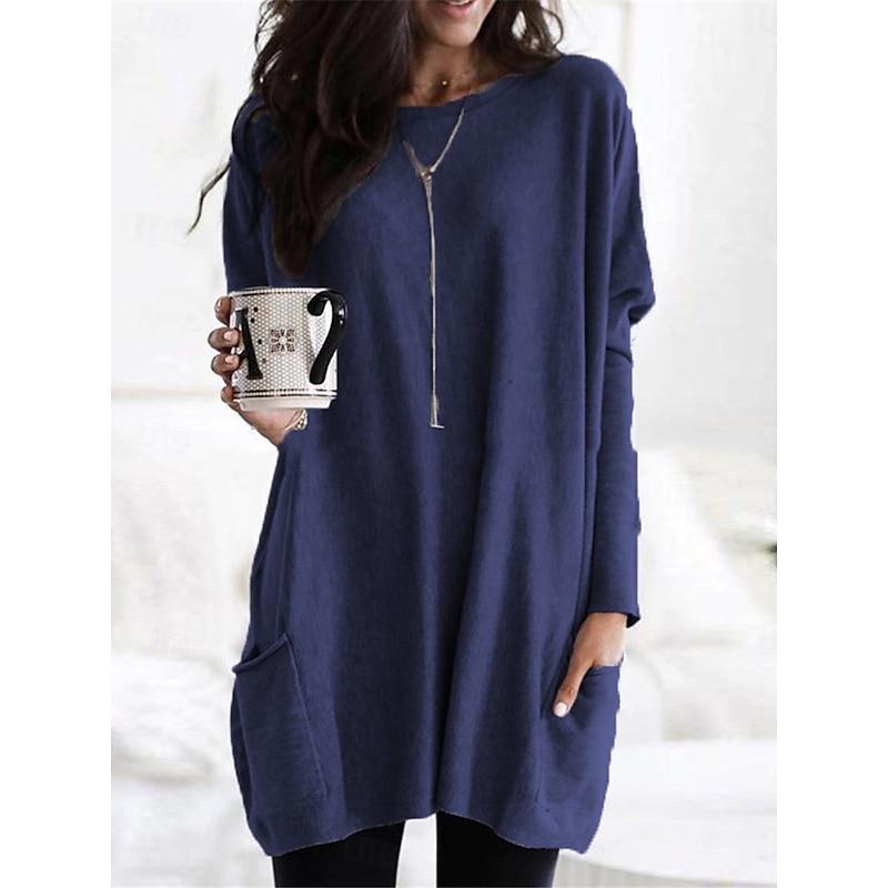 Women's Casual Dress Mini Dress Pocket Casual Crew Neck Long Sleeve Red Navy Blue Gray Color