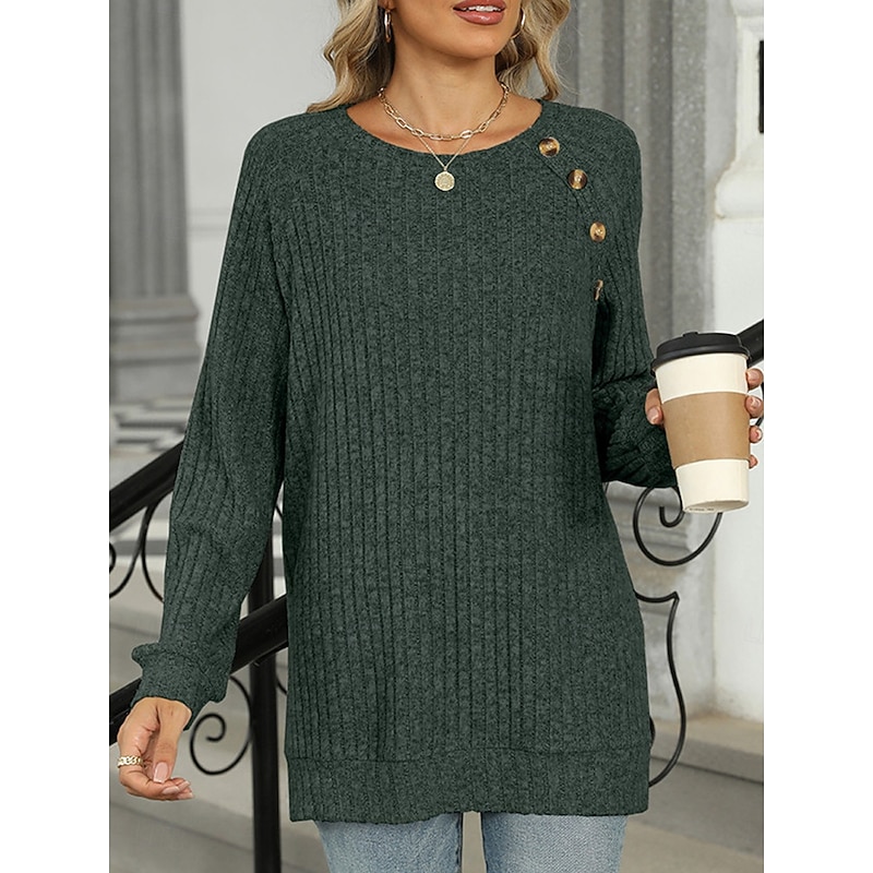 Women's T Shirt Plain Fashion Modern Casual Long Sleeve Crew Neck Regular Tops Daily Weekend Buttons Pink Blue Green Khaki Fall Winter 11