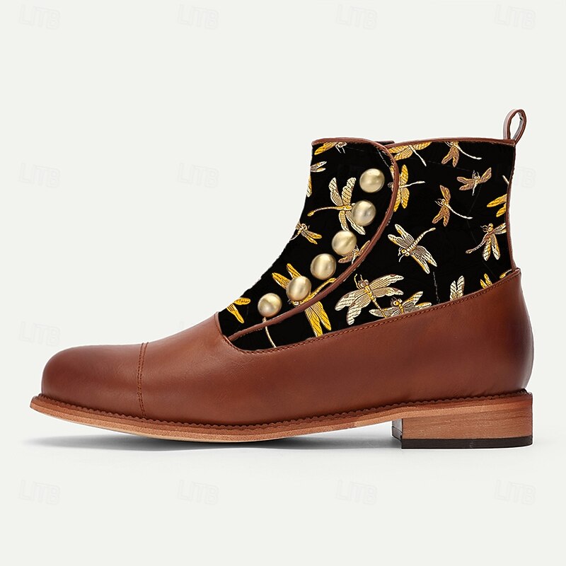 Men's Victorian Faux Leather Ankle Boots with Embroidered Dragonfly Jacquard Fabric and Gold Button Accents – Vintage-Inspired Dress Boots4