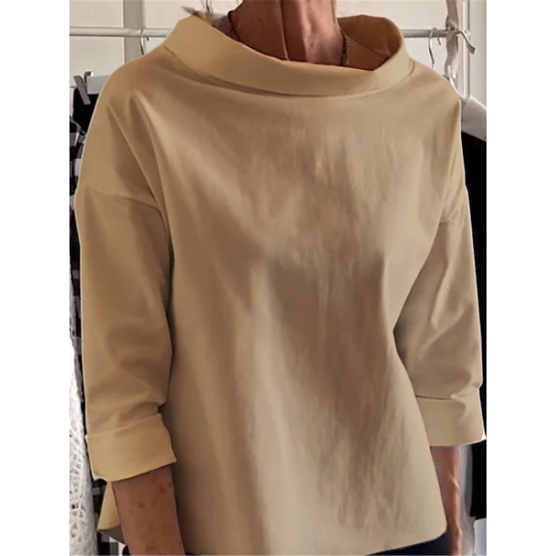 Women's Shirt Linen-Inspired Shirts Blouse Solid Color Basic Casual 3/4 Length Sleeve Turtleneck Regular Tops Daily Wine Camel Khaki Fall