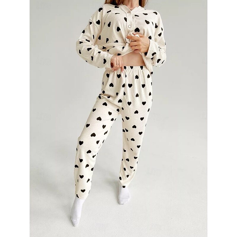 Women's Valentine Pajama Set Heart Casual Comfort Home Daily Comfort Warm V Neck Long Sleeve Cardigan Pant Button Up Elastic Waist Fall Winter Home Outfits3