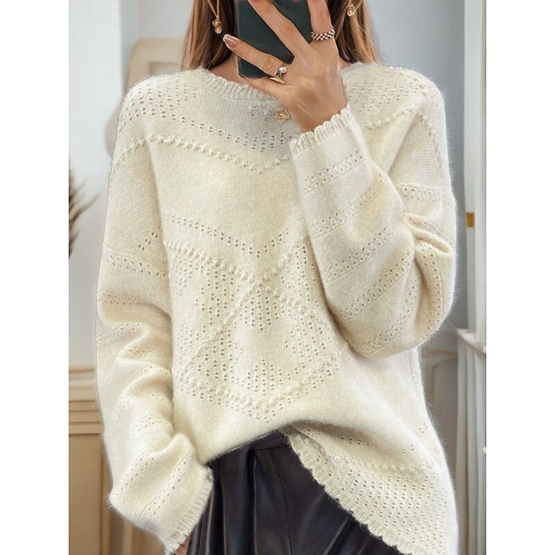 Women's Sweater Pullover Sweater Jumper Crew Neck Knit Hollow Out Crewneck Knitted Drop Shoulder Spring Fall Home Daily Holiday Daily Stylish Soft Long Sleeve Pure Color White Pink