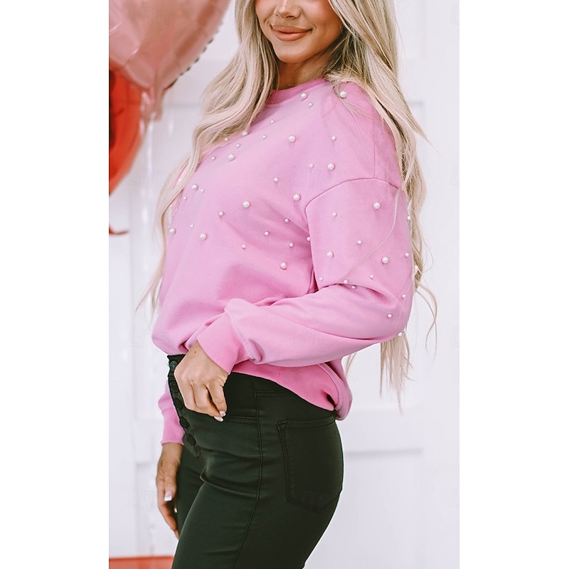 Women's Shirt Blouse Solid Color Basic Casual Long Sleeve Bishop Sleeve Crew Neck Regular Tops Daily Patchwork Beaded Pink Fall Winter3