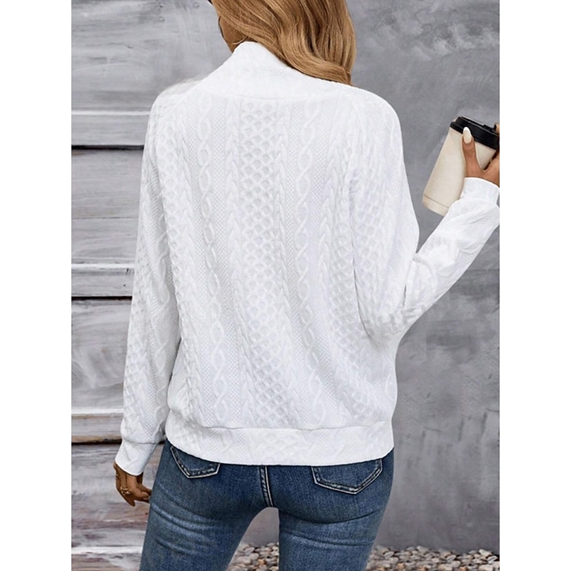 Women's Sweatshirt Casual Textured Plain Street Dailywear Crew Neck Buttons Long Sleeve White Fall Winter2