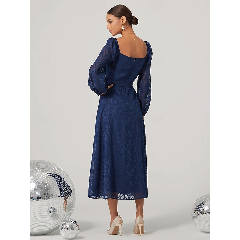 Women's Midi Dress Vintage Dress Elegant Vintage Formal Party Regular Fit Long Sleeve Square Neck Blue Fall Winter2