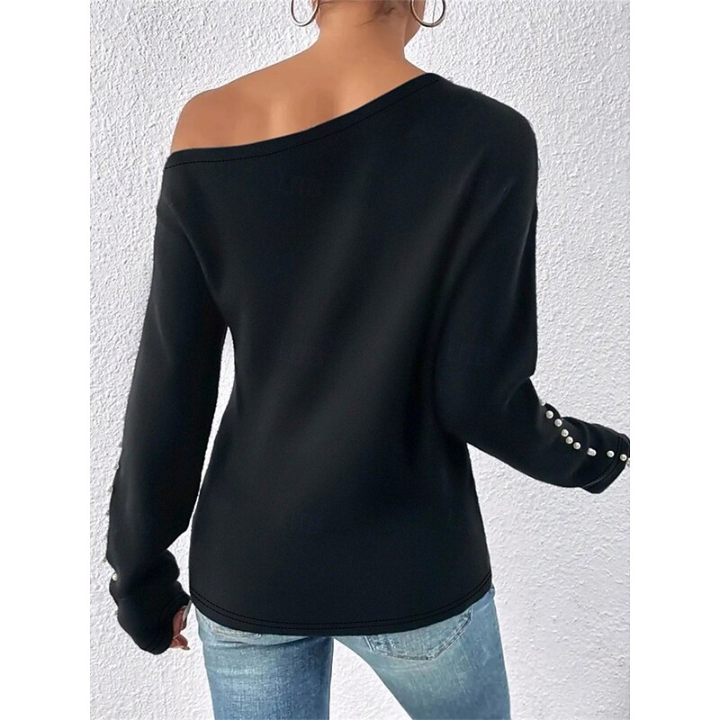 Women's Shirt Blouse Solid Color Basic Casual Long Sleeve Cold Shoulder Regular Tops Daily Beaded Black Fall Winter2