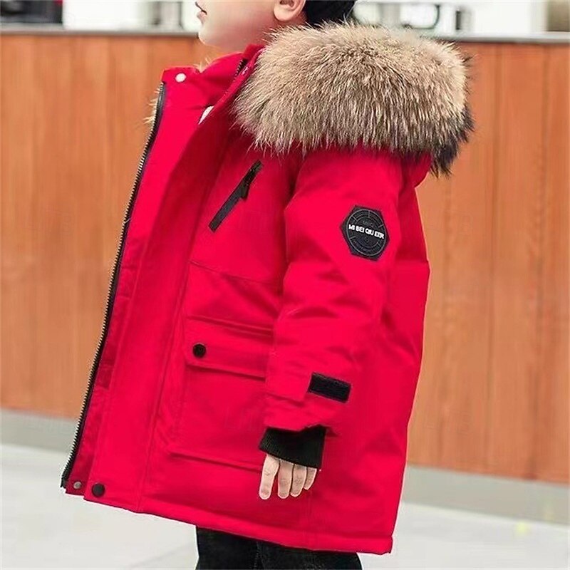 Kids Unisex Down Coat Hoodie Jacket Puffer Jacket Outerwear Solid Color Long Sleeve Pocket Coat Outdoor Daily Basic Black White Red Fall Winter 4 years+