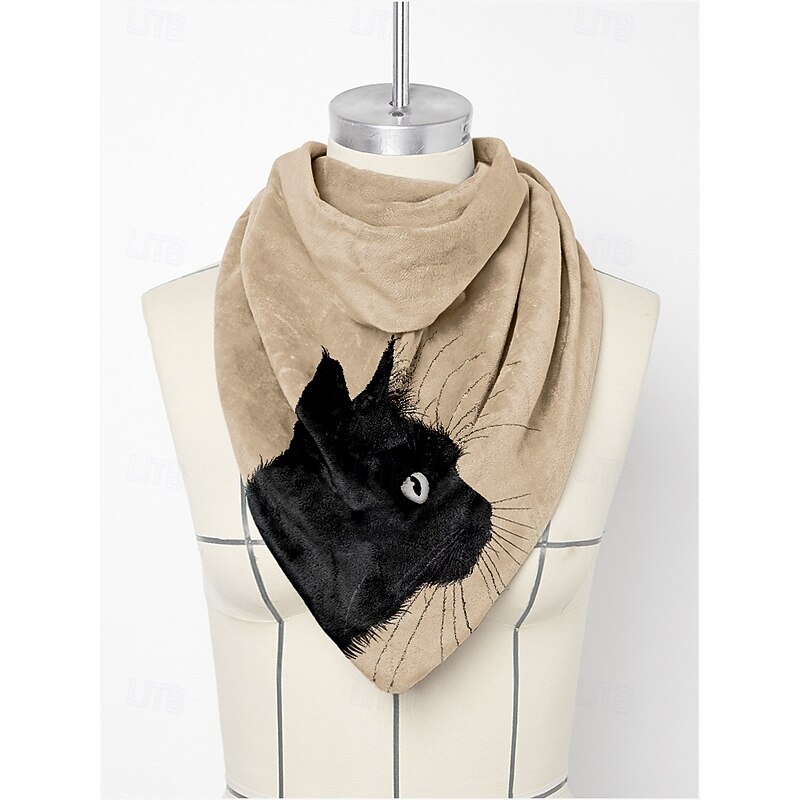 Women's Vintage-Style Beige Scarf with Black Cat Print – Cozy and Unique Accessory for Cat Lovers, Perfect for Fall and Winter Outfits3