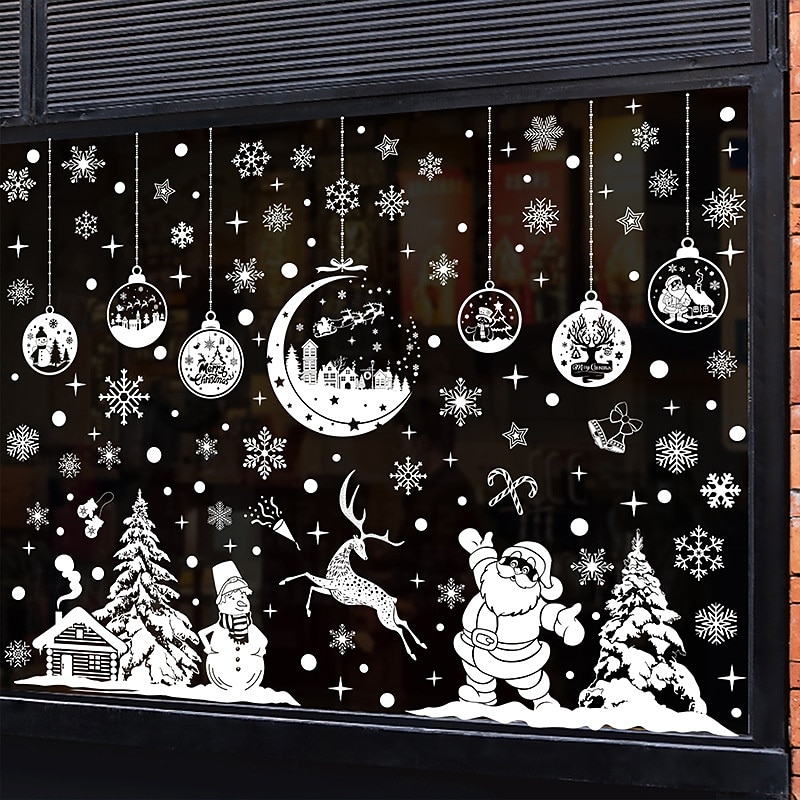 9 Sheets Christmas White Window Stickers – Santa Claus, Hanging Ornaments, Reindeer Static Clings for Shopping Mall and Glass Decoration2