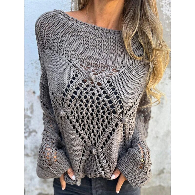Women's Sweater Pullover Sweater Jumper Casual Soft Pure Color Crochet Crew Neck Knitted Long Sleeve Regular Tops Knit Outdoor Daily Weekend White Green Fall