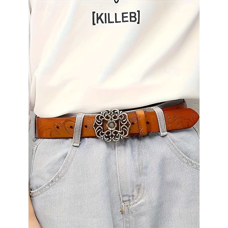Women's Red Leather Belt with Vintage Floral Carved Buckle – Western Boho Style Accessory2