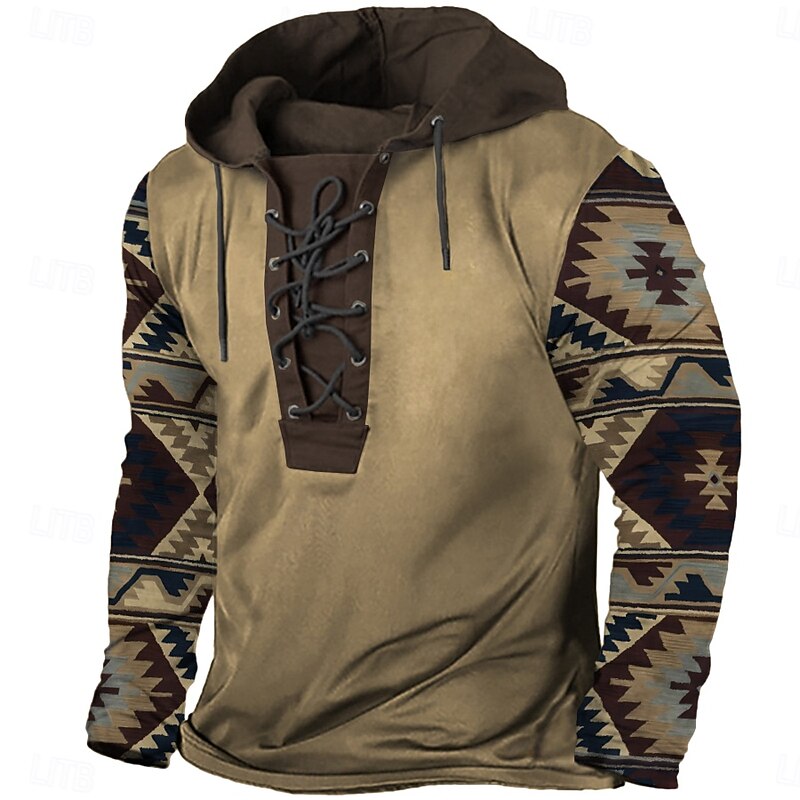 Men's Cowboy Hoodie Hoodies Sweatshirt Fashion Cool Long Sleeve Hooded Vacation Going out Streetwear Blue Brown Drawstring Fall Winter Designer