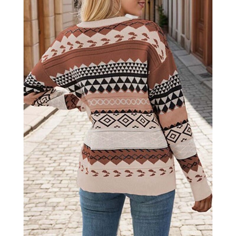 Women's Sweater Streetwear Stylish Geometric Color Block Crew Neck Knitted Long Sleeve Regular Tops Knit Outdoor Going out Pink Khaki Fall Winter4