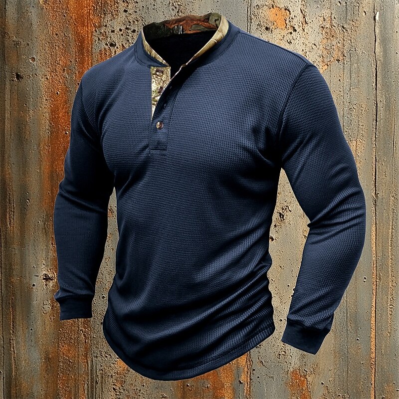 Men's Waffle T-shirt T Shirt Henley Shirt Long Sleeve Solid Color Knitwear Daily Buttons Henley Outdoor Causal Casual Spring Fall Spring &  Fall Navy Black White Henley T-Shirt2