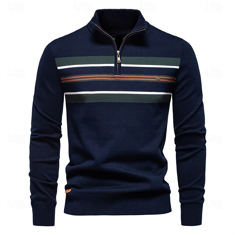 Men's Knit Striped Half Zip Knitwear Elegant Christmas Gifts Home Clothing Apparel Bishop Sleeve Fall Winter Navy Blue Dark Green S M L
